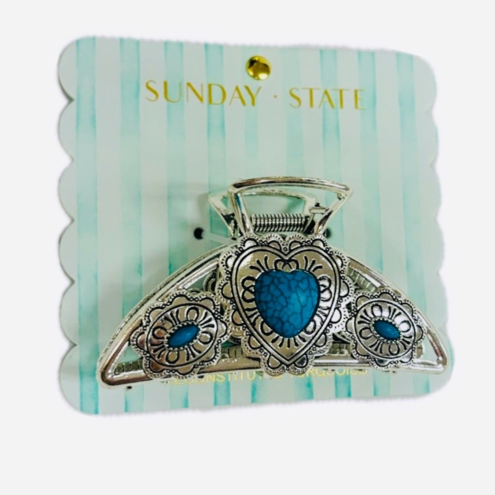 NWT ⚜️🩵⚜️ Sunday State Turquoise Heart Stone Silver Toned Metal Hair Claw Clip